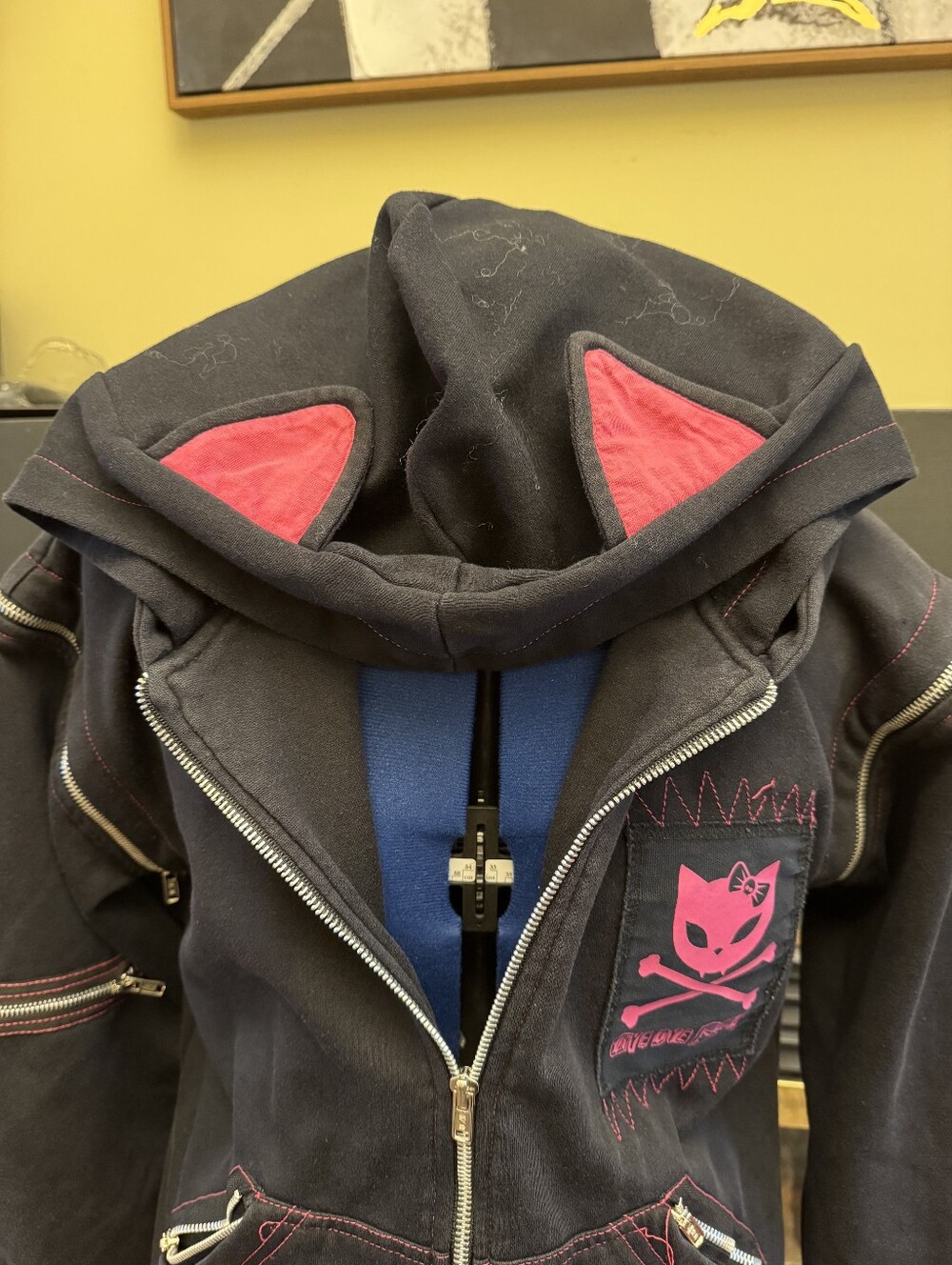 Bye Bye Kitty Living Dead Souls Bat Ear Hoodie Mall Goth Y2K Black Zip Up L XL - Picture 11 of 14